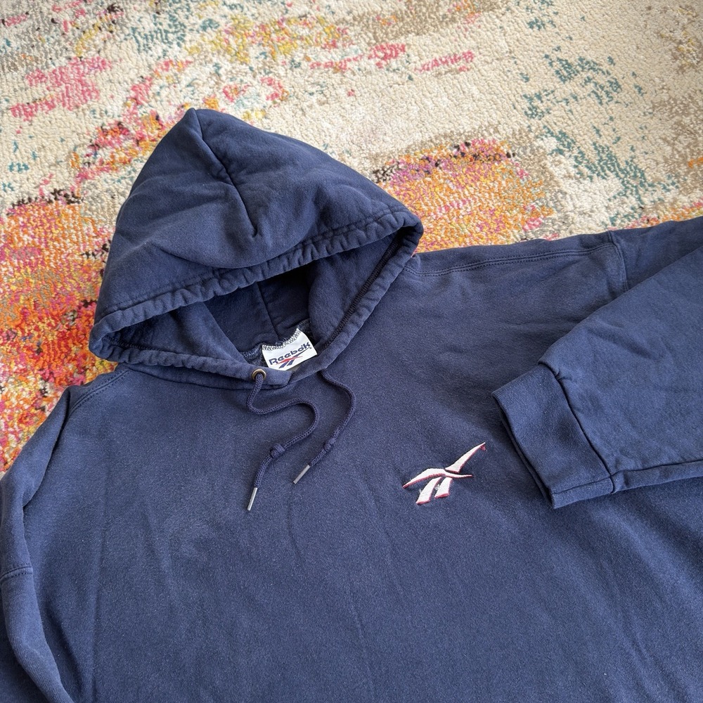 Vintage 90s Reebok Vector Logo Hoodie Mens XXL Navy Blue Pullover Made USA